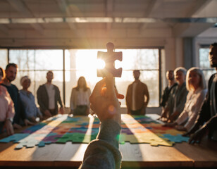 Hand holding puzzle piece showing solution and teamwork of diverse group standing near table in office feeling successful