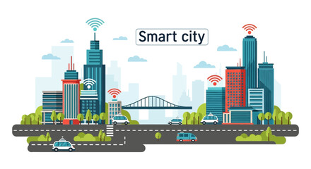 Obraz premium Smart Cityscape Illustration with Connected Buildings and Transportation.