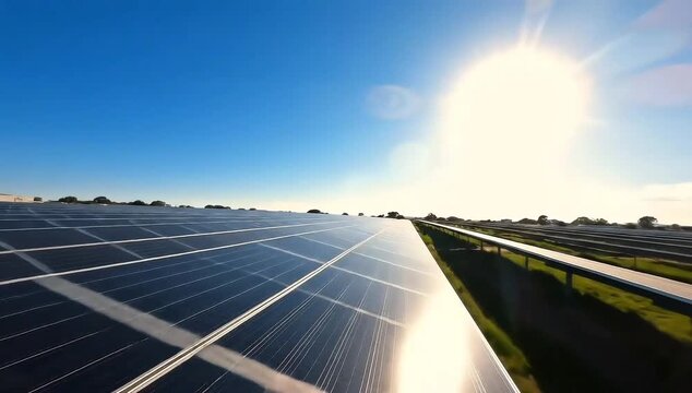 Expansive solar panel farm under a vibrant blue sky, harnessing the intense power of the sun to generate clean, sustainable energy for a brighter future