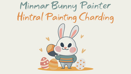 Obraz premium Cute bunny painter character holds paintbrush near decorated easter eggs on pastel background