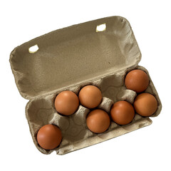 Egg carton with brown eggs isolated on white background. Natural food packaging concept. Simple grocery and nutrition image.