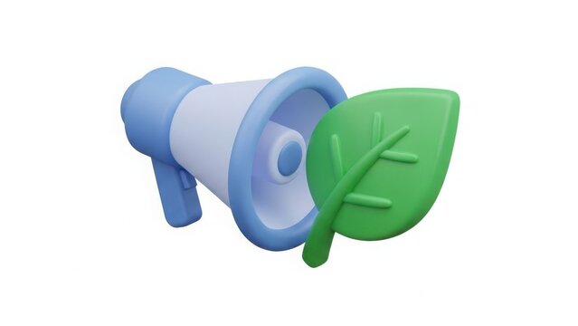 3D render of a megaphone and a green leaf. Environmental communication and eco-friendly message concept. White background with copy space