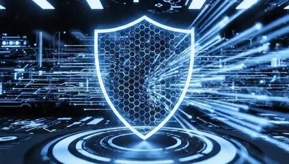 Abstract digital shield network protection cybersecurity technology concept with glowing circuits and futuristic data streams, representing secure online defense and digital information safety - Powered by Adobe