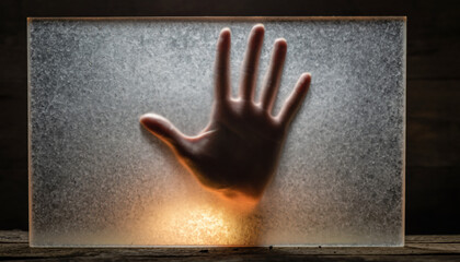 Shadowy human hand silhouette pressing against illuminated translucent concrete panel creating mysterious and eerie feeling behind textured surface in dark room