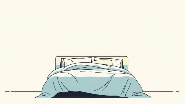 Minimalist illustration of an unmade bed in a bedroom. Simple line art concept of sleep and rest. Modern graphic with copy space for text