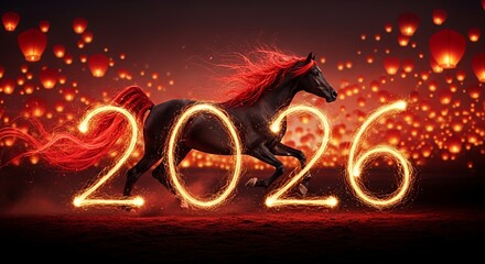 Horse Running with 2026 Fireworks Display.