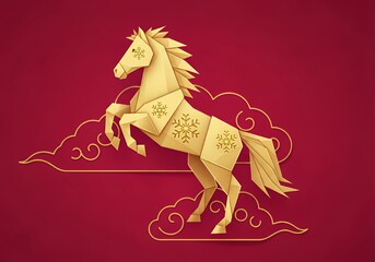 Golden Horse Illustration on Red Background.