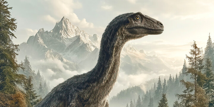 Weewarrasaurus roams a prehistoric landscape with mountains and forests in the background