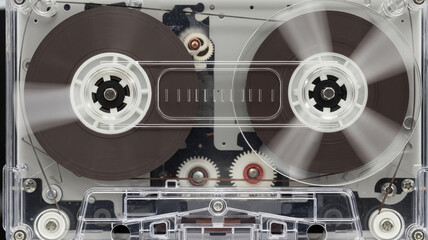 Close-up of cassette tape rewinding inside a player with clear casing