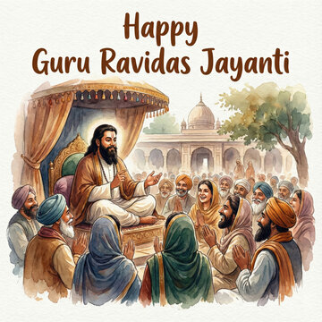 Guru Ravidas Jayanti celebration illustration with spiritual leader teaching devotees in traditional Indian setting with golden temple backdrop