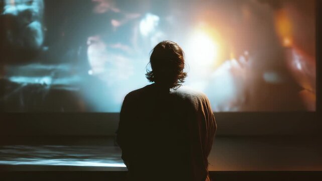 Solitude and focus define this scene as an individual observes a mesmerizing display on a big screen. The cinematic lighting and abstract visuals create a modern, introspective mood