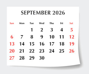 September 2026 English calendar planner. Monthly vector page Sunday start