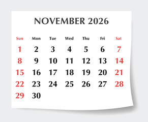November 2026 English calendar planner. Monthly vector page Sunday start