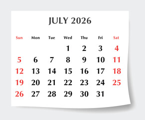 July 2026 English calendar planner. Monthly vector page Sunday start