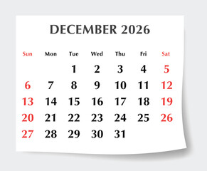 December 2026 English calendar planner. Monthly vector page Sunday start