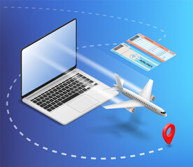 Airplane model flies out of a laptop screen. Isometric 3d projection. Vector illustration.