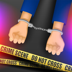 Criminal hands are handcuffed. Police arrest at crime scene. Vector illustration.