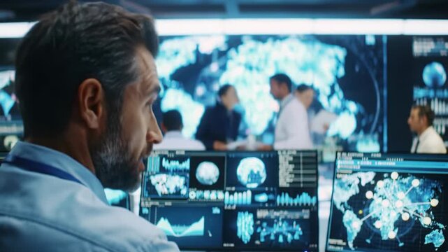 Diverse male and female scientists in business-casual attire collaborate, interpreting dynamic environmental data on transparent screens in a futuristic control room. Concept of innovation and