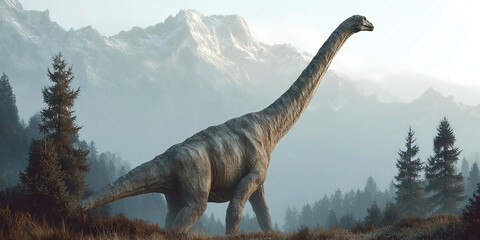 Fototapeta premium Glacialisaurus in a prehistoric forest with mountains in the background