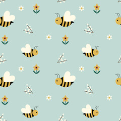 Spring seamless pattern with bees and flowers. Delicate spring background