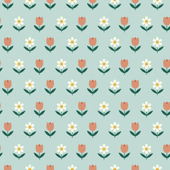 Spring seamless pattern with with tulip and chamomile. Minimalist floral background