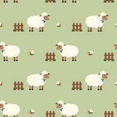 Spring seamless pattern with cute sheep and bee in pastel colors. Minimalist spring background