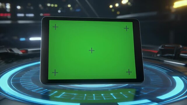 Tablet with green screen display on a futuristic glowing blue platform in a modern tech environment.