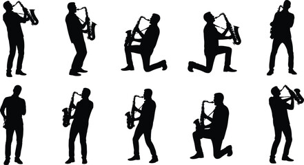 Silhouette set of saxophone player performing in expressive standing and kneeling poses, jazz and live music performance collection isolated on white background, rhythm and entertainment conceptWeb © Hanif World