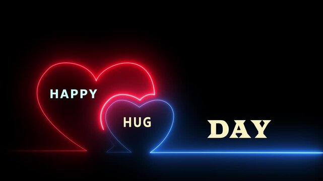Vibrant neon line art hearts forming a Happy Hug Day message on dark background, perfect for romantic social media posts and digital greeting cards.