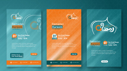 Ramadan kareem. Social media post template in green and orange portrait design for ramadan or eid