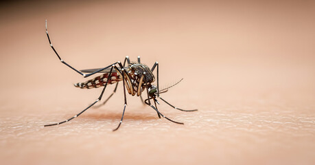 A close-up view of a mosquito perched on human skin, showcasing its detailed anatomy in a macro photography shot.