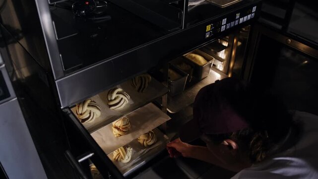 A baker places a baking sheet of cinnamon rolls into a proofing chamber to prepare the dough for baking. Traditional cinnamon rolls are made in an artisan bakery. Kitchen technic, bakery production.