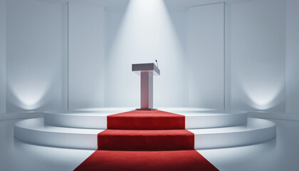 Minimal white stage platform with red carpet and spotlight shining on podium stand ready for speech event with dramatic mood atmosphere in empty hall room studio