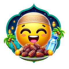 Cute emoji character holding dates and water for iftar