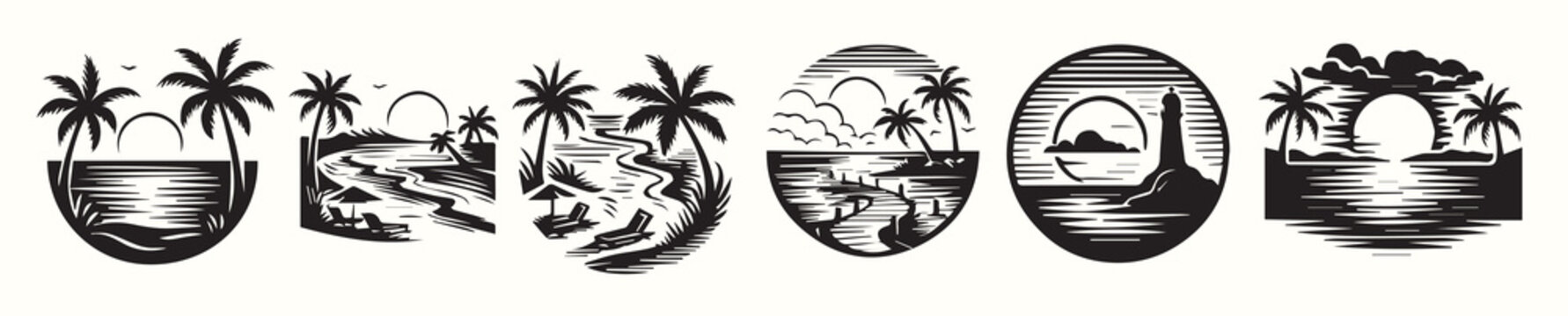 Six Black and White Tropical Sunset Beach Scenes Palm Trees Ocean Sun vector