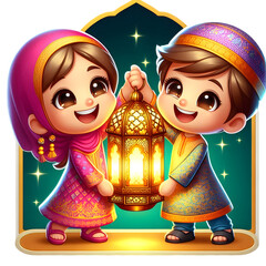 Two cute Muslim kids holding glowing Ramadan lantern