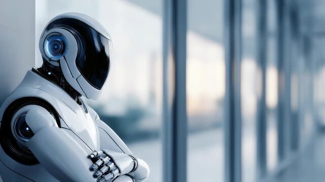 A high tech robot with a glossy exterior and blue accents leans against a window in a contemporary office space. This image represents the future of AI, robotics, and human machine interaction