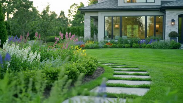 Smooth dolly video through a pristine luxury garden featuring emerald lawn, vibrant flowers, manicured shrubs, and stone paths, revealing a modern house in golden hour sunlight. Real estate marketing