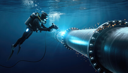 Futuristic scuba diver in high suit performing maintenance on massive underwater internet cable pipeline with focus and precision while blue ocean water surrounds technology