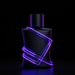 Luxury neon purple light wrapping around black glass perfume bottle silhouette showing elegant and mysterious mood on dark background with bright futuristic electric glowing tube shape design