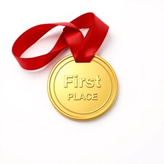 A golden medal with a red ribbon serves as a vector symbol for a birthday celebration, holiday gift, or wedding decoration, featuring a red bow design for a greeting card illustration