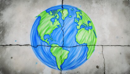 Artistic Representation of Earth on Cracked Concrete Surface