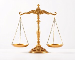 A 3d golden brass scale of justice isolated on white symbolizes legal equality and the weight of law through a balanced measurement of crime in a court of law