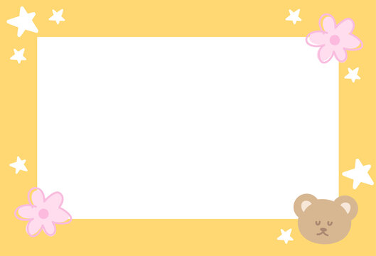 Rectangle yellow frame with teddy bear, flower, star pattern for polaroid photo, ad template, social media post, decoration, notepads, sticky note, memo, animal print, poster, post card, zoo, souvenir