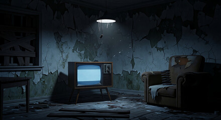 Abandoned living room with old television set in dimly lit, decaying environment from a frontal viewpoint