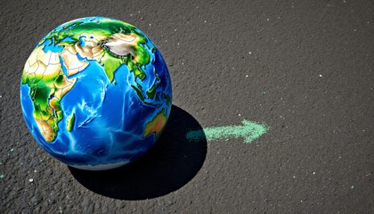 Colorful Globe with Arrow on Pavement Representing Direction and Travel
