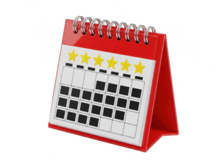 A red spiral-bound desk calendar with yellow stars and marked dates isolated on transparent background