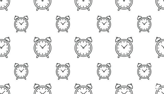 Seamless background pattern featuring black outline alarm clock icons for time management productivity and scheduled morning wake-up concepts.