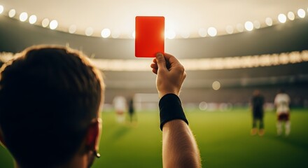 Male referee holding up red card during soccer match in brightly lit stadium. Game penalty for violation of sport rule.