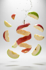 Dynamic red apple peel spiraling floating midair surrounded by fresh green fruit slice and water droplet splashing on white background conveying energetic freshness and healthy vitality concept
